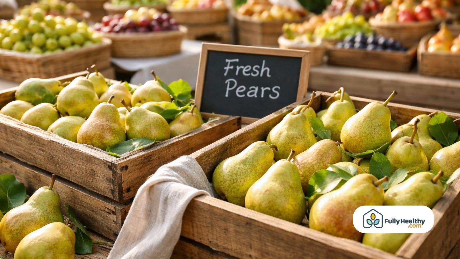 Fresh pears displayed in wooden crates at a local farmers market