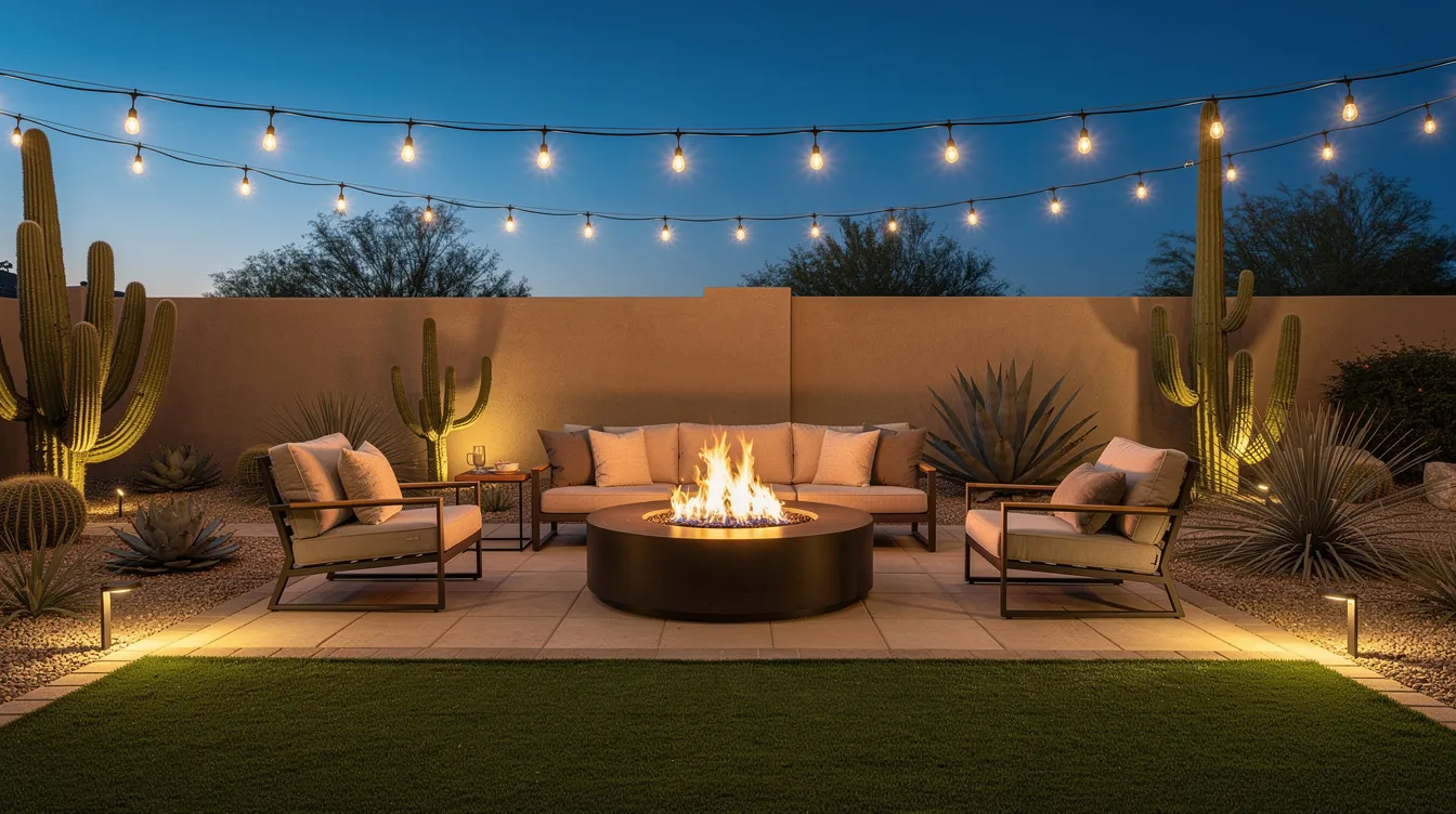 The image depicts a cozy backyard patio area featuring a gas fire pit surrounded by comfortable outdoor seating. String lights illuminate the space, which is adorned with artificial turf and desert plants, creating a beautiful outdoor oasis perfect for relaxation and gatherings.