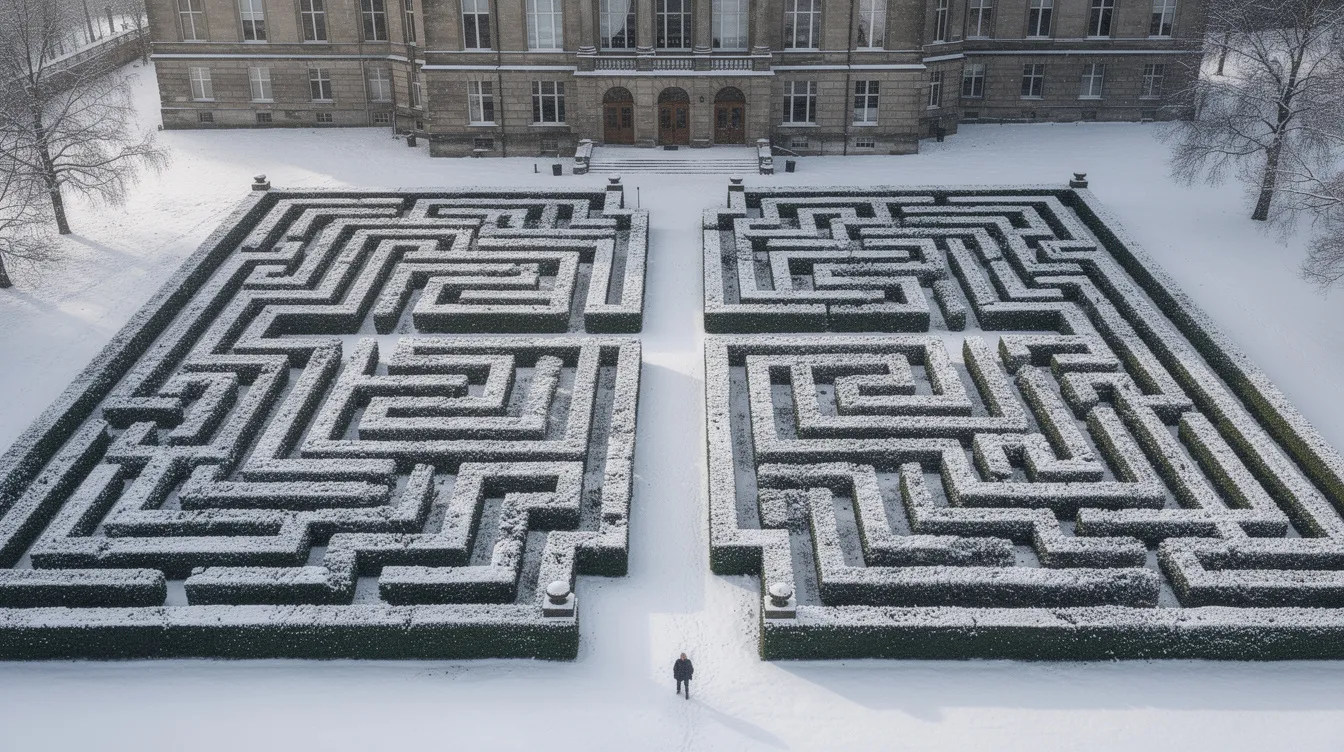 Die Vogelperspektive zeigt ein verschneites Heckenlabyrinth vor einem großen, majestätischen Gebäude, das an das Overlook Hotel erinnert. Am Eingang steht eine winzige Figur, die an die isolierte Atmosphäre aus "The Shining" erinnert, während die symmetrische geometrische Struktur des Labyrinths im Winterlicht erstrahlt.