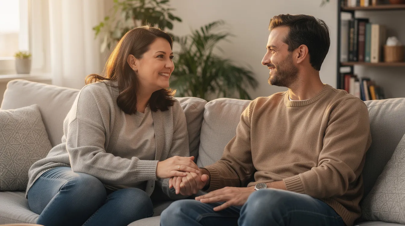 A couple is engaged in a heartfelt conversation, showcasing signs of a healthy relationship through honest communication and genuine interest in each other's feelings. They create a safe space where both partners feel heard and respected, emphasizing the importance of emotional connection and mutual support during tough moments.