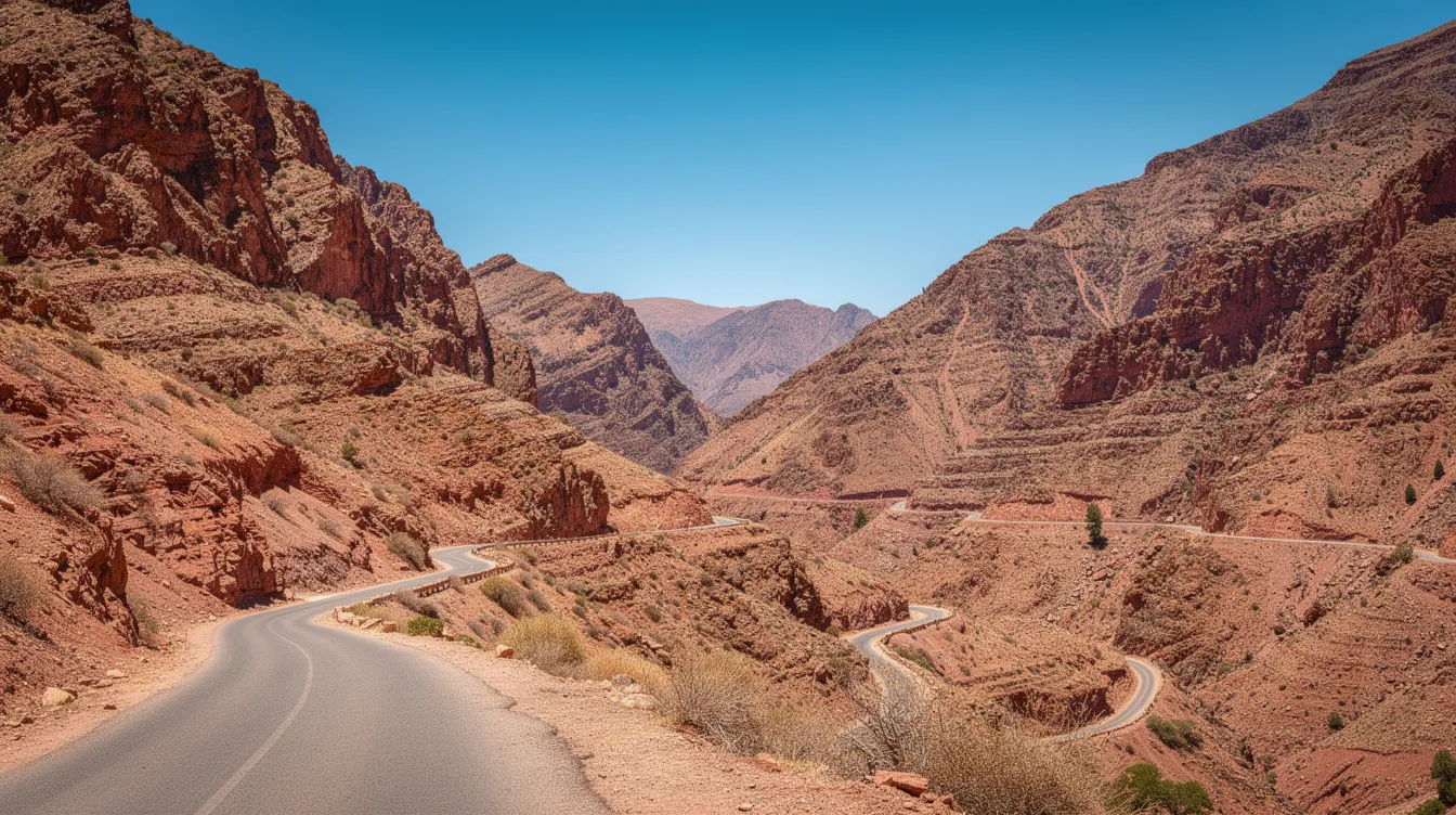A winding mountain road cuts through the High Atlas, flanked by rocky red cliffs under a clear blue sky, showcasing the stunning natural beauty of southern Morocco. This picturesque landscape is a perfect backdrop for those seeking adventure on a luxury Sahara desert tour from Marrakech.