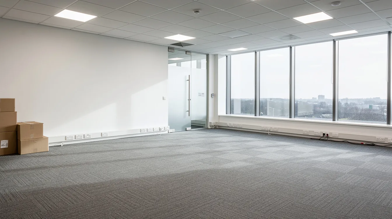 The image shows a clean and organized office space, ready for occupancy, featuring freshly cleaned floors, dust-free surfaces, and well-maintained lighting fixtures. This pristine environment reflects the results of professional post construction cleaning services, ensuring the area is free of construction dust and debris, ideal for meeting all office cleaning needs.