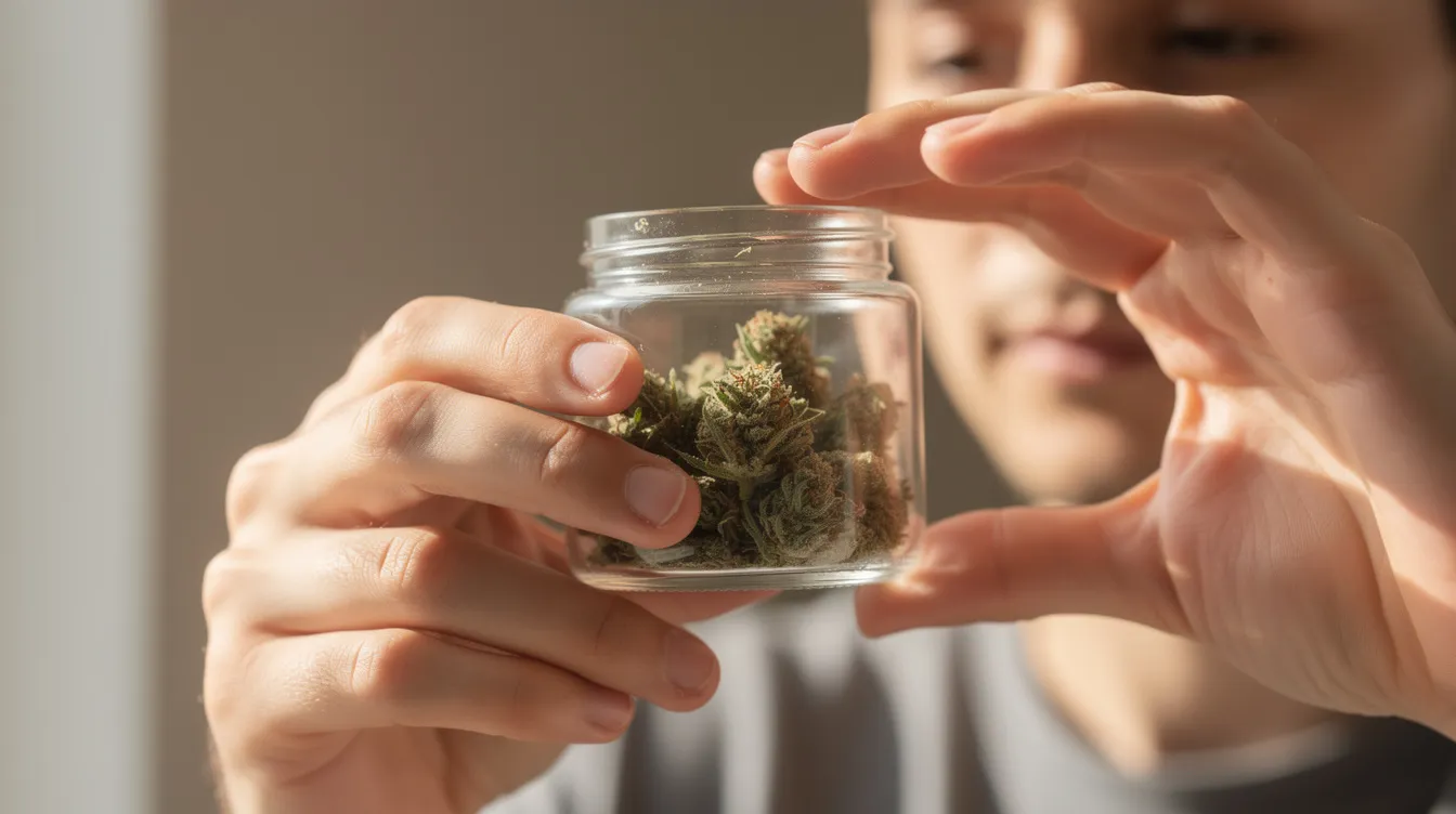 A person is holding a small glass jar containing a hemp-derived product, closely examining it in natural light. The image highlights the growing interest in legal hemp and medical cannabis, reflecting consumer curiosity about the legal status and safety of hemp products.
