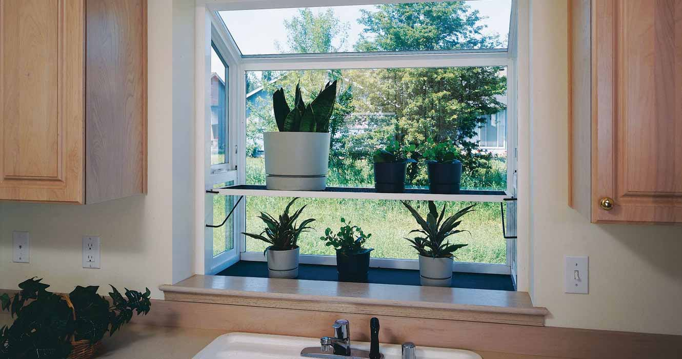 kitchen garden window with one plant, a picture, and candles