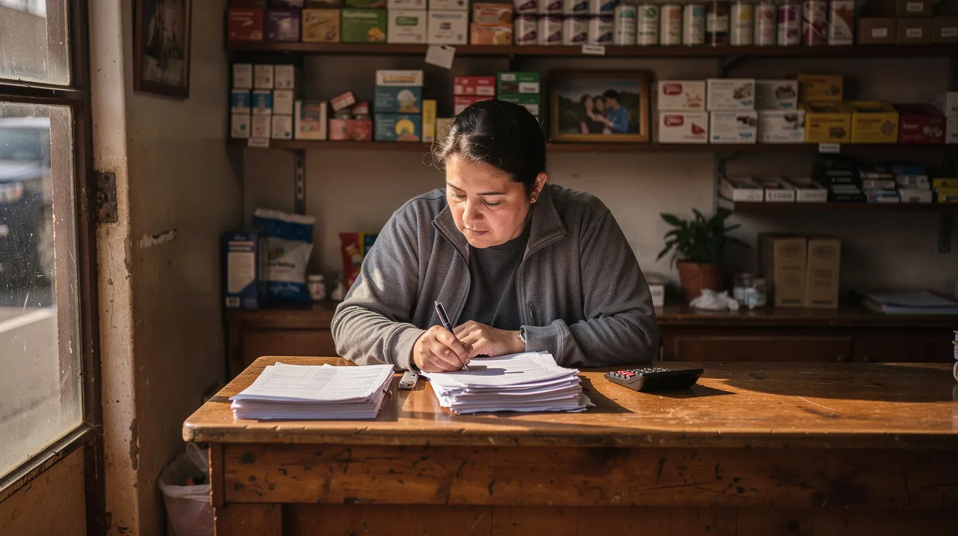b61ae8a6 77a4 486b 982c 7f9b76ce7c93 The image shows a small business owner sitting at a wooden counter in a modest shop, focused on reviewing various papers and documents. This scene reflects the diligent efforts of an entrepreneur managing their business affairs, potentially including customer complaints and documentation related to the grievance redress process.