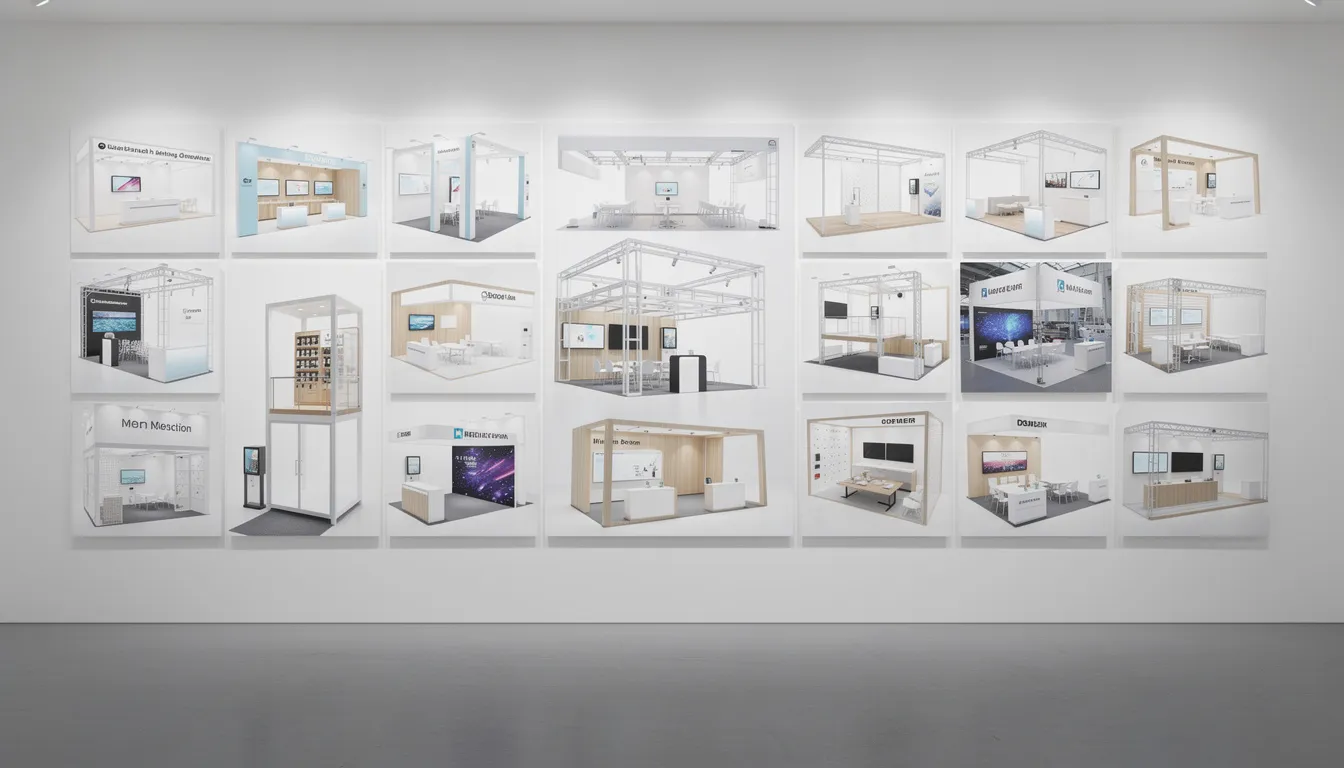 The image showcases a diverse gallery of exhibition stands and booth configurations, highlighting various trade show booth designs that cater to different themes and industries. Each booth is uniquely crafted to create a lasting impression and attract attention, demonstrating the expertise of custom trade show exhibit builders.