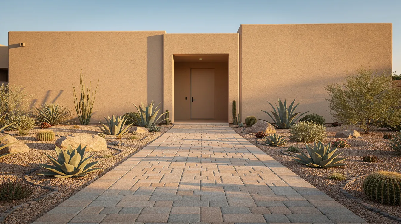 The image features a clean front walkway made of interlocking pavers, leading to a stucco home entrance, flanked by desert-friendly plants that enhance the overall landscape design. This hardscape design element not only adds visual appeal but also creates a low-maintenance outdoor space that complements the home's exterior.