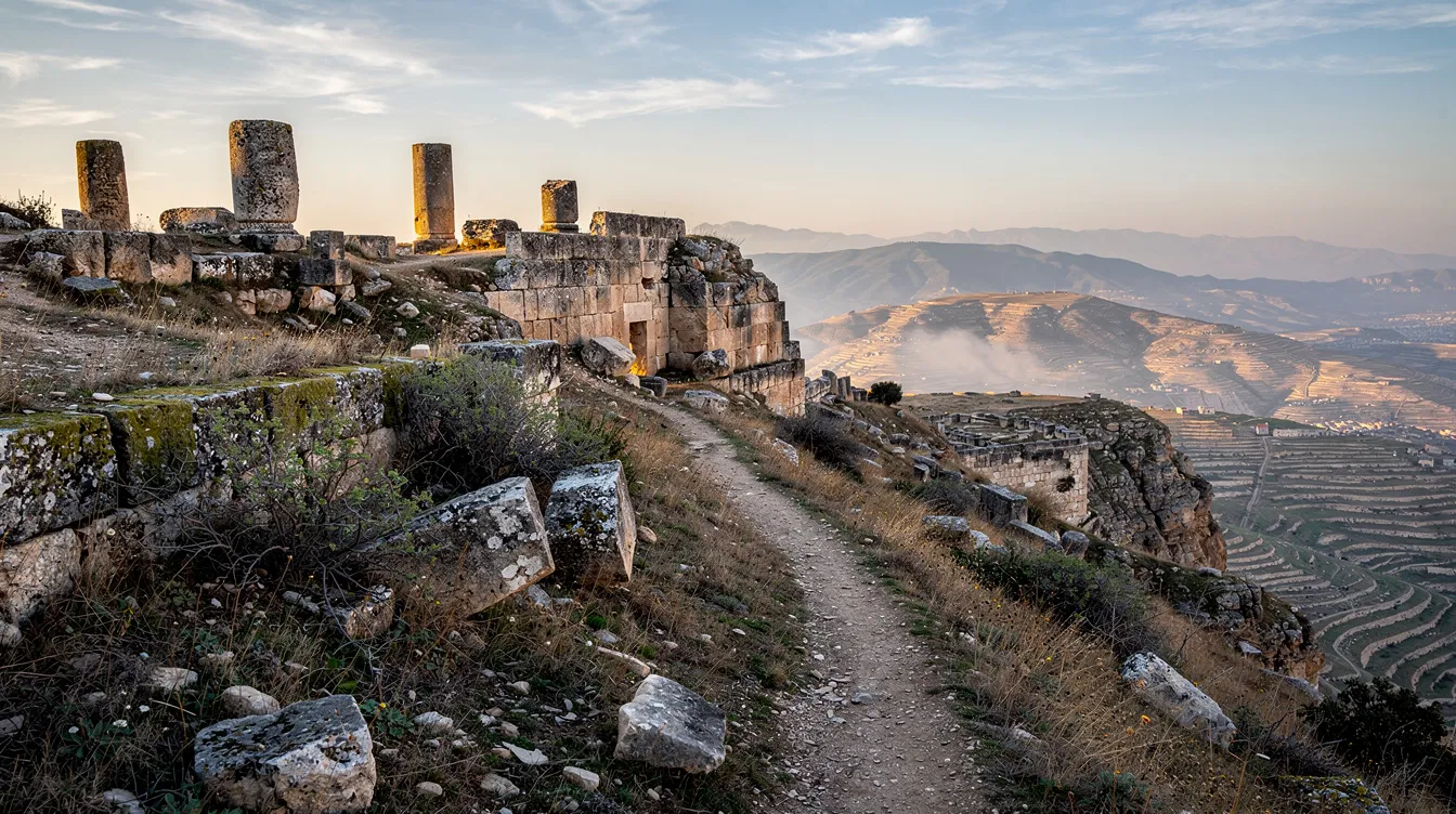 The image depicts ancient stone ruins perched on a hilltop, offering a breathtaking view of lush valleys and distant mountains in the Levant, a region rich in Samaritan traditions and biblical history. The ruins evoke a sense of the past, where the Samaritan community once thrived, reflecting their enduring connection to the land and ancient practices.