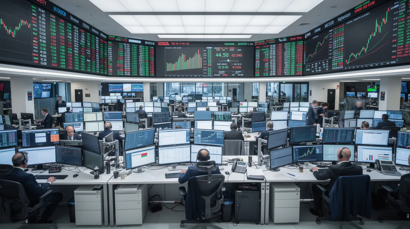 The image depicts a bustling stock exchange trading floor filled with traders and digital screens displaying fluctuating share prices and market charts, highlighting the dynamic nature of Pakistan's stock market. This environment is essential for account holders, including non-resident Pakistanis (NRPs), who can utilize innovative banking solutions like the Roshan digital account for seamless investment opportunities.