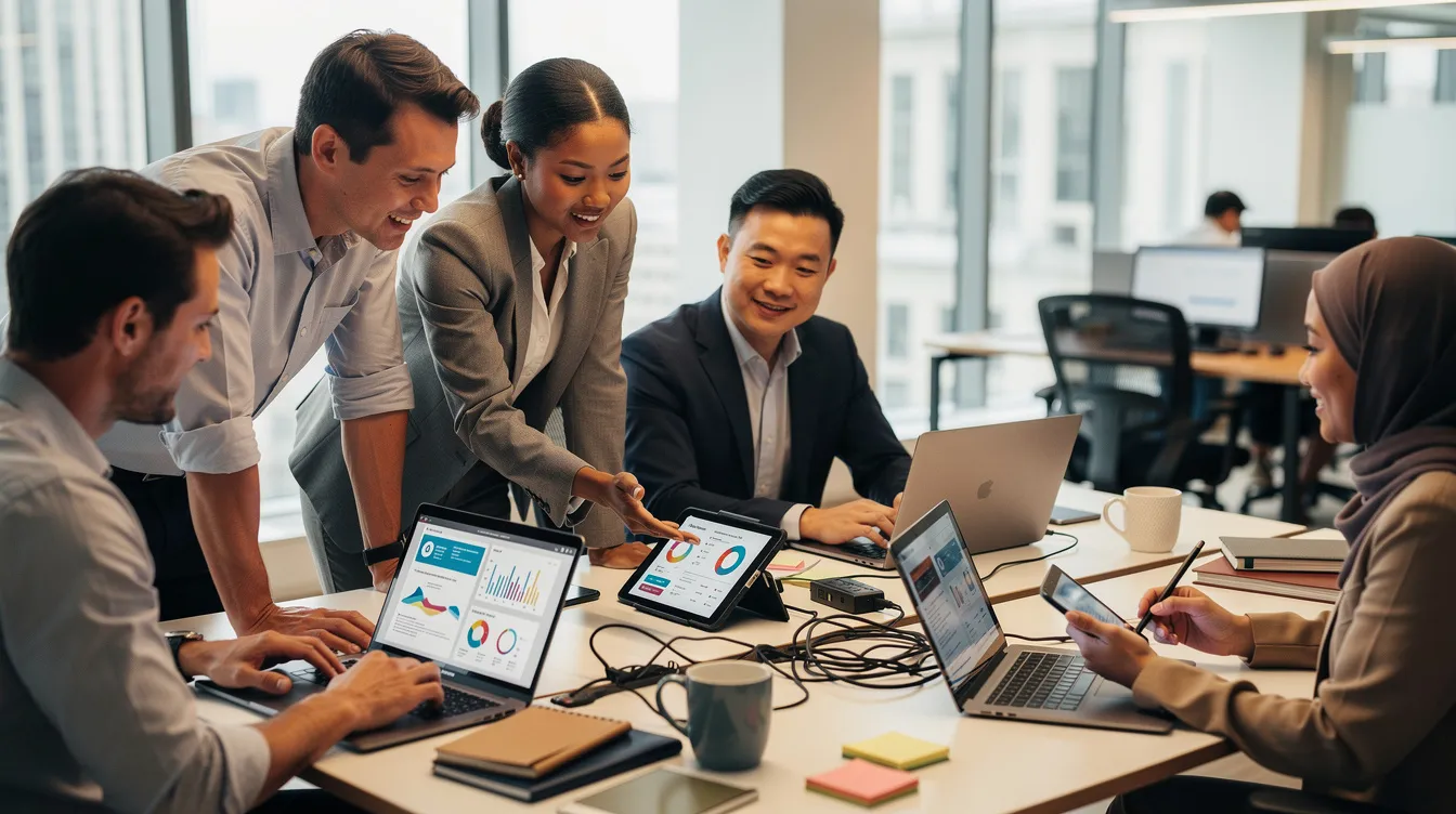 The image depicts a diverse group of professionals collaborating around computers and tablets, engaging in discussions that likely involve artificial intelligence and machine learning concepts. They are focused on solving complex problems and identifying patterns, showcasing the collaborative nature of today's AI systems in various fields.