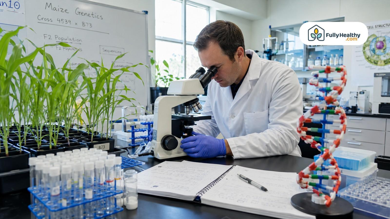 Scientist studying maize genetics with microscope, corn seedlings, lab notes, and DNA model