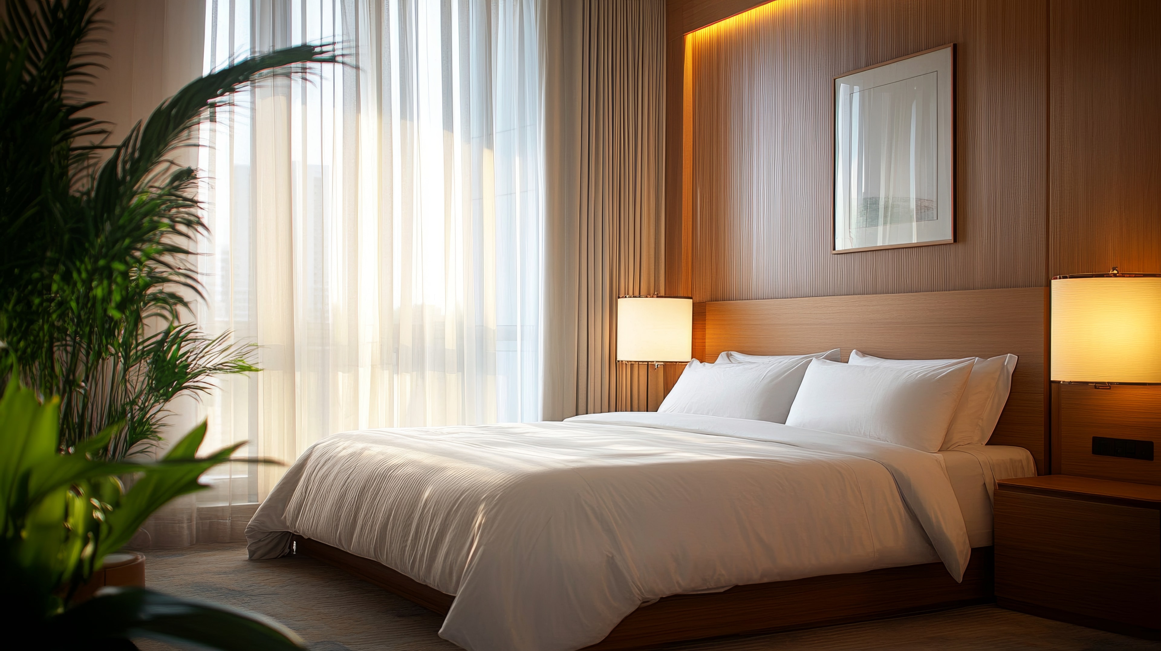 Cream layered sheer curtains in a bedroom creating soft light