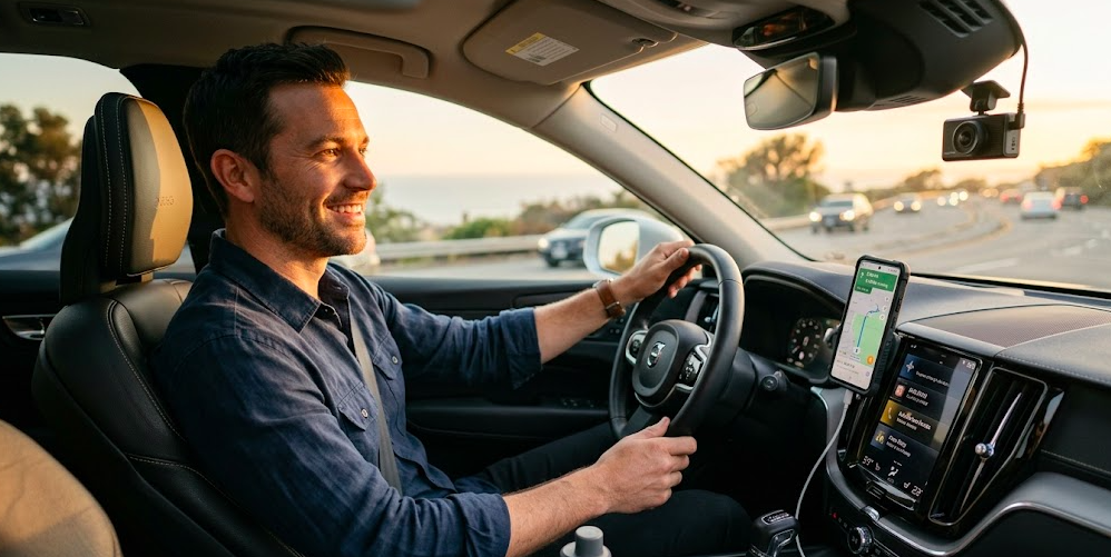 Driver in modern SUV with GPS tracker app on phone mount and dash cam installed near rearview mirror - best car accessories for 2026