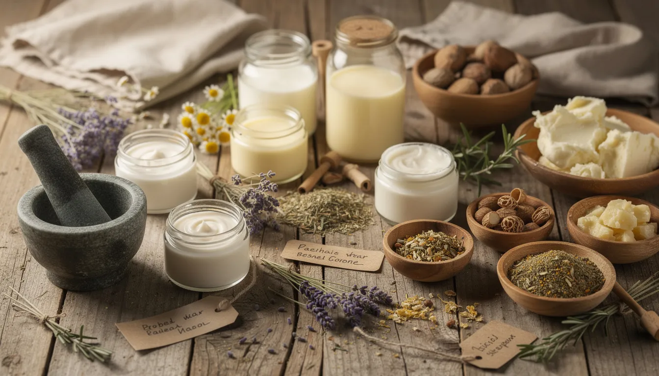 The image depicts a rustic skincare workspace featuring small glass jars filled with dried herbs and natural ingredients, highlighting the use of beef tallow and essential oils for a nourishing skincare routine. This setup emphasizes the benefits of saturated fats and fatty acids in promoting skin health, particularly for those with sensitive or very dry skin.