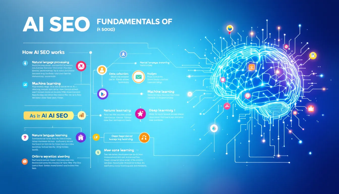 Ein Diagramm, das die Grundlagen von KI SEO erklärt und die Rolle von künstlicher Intelligenz in der Suchmaschinenoptimierung zeigt.