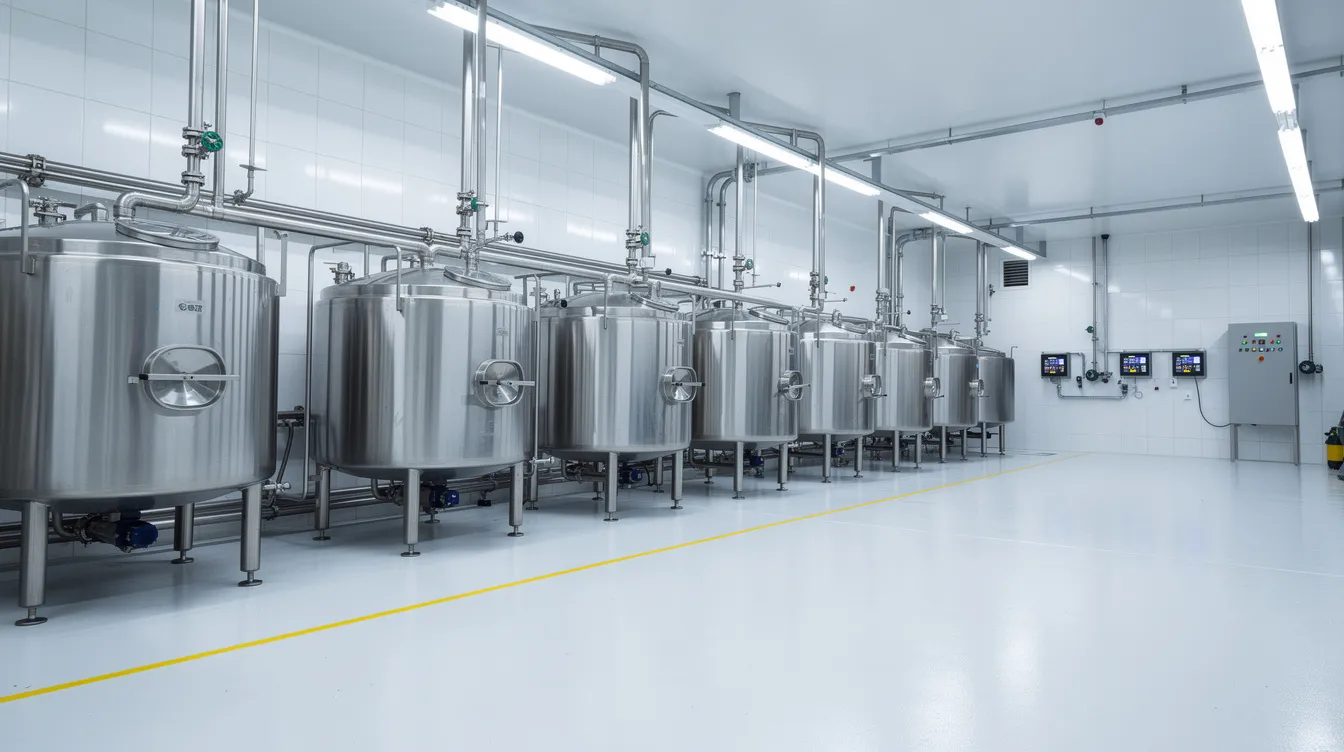 The image depicts stainless steel cheese vats and processing equipment within a modern cheese manufacturing plant, showcasing the advanced machinery used in the cheese production process. This facility is designed to efficiently handle raw materials and optimize cash flow, contributing to the overall profitability analysis of the dairy business.