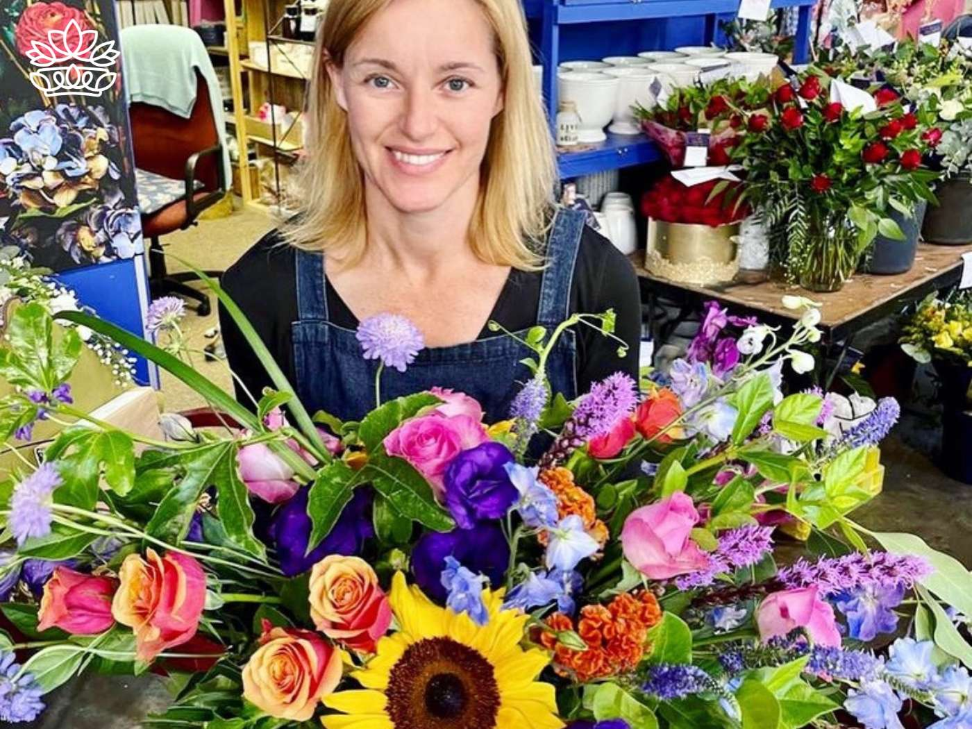 A cheerful woman, portrayed as a mom and florist, standing behind a lush and colorful bouquet featuring roses, sunflowers, and a variety of blooms in a flower shop. This image represents the dedicated delivery service enhancing life's special moments. Fabulous Flowers and Gifts.