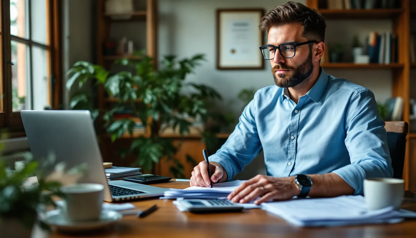 The image depicts a small business owner thoughtfully reviewing potential financial decisions, surrounded by tools and documents related to get ready to order a financial product. They appear ready and aware of the expectations and requirements necessary to make informed choices for their business's future. THe business owner is busy taking notes.