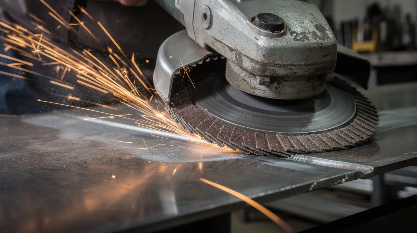 A close-up view of an angle grinder equipped with a flap disc is shown in a workshop, actively removing the zinc coating from a steel plate. The process involves grinding away the galvanized layer, which may release toxic fumes, highlighting the importance of using safety equipment and ensuring adequate ventilation.