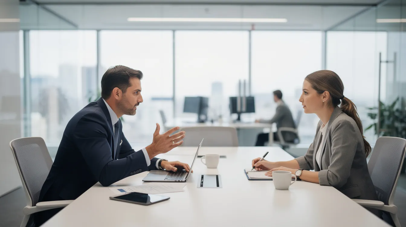 The image shows two professionals engaged in a discussion at a modern conference table in an office, likely discussing appellate law and strategies related to civil or criminal cases. The setting reflects a collaborative environment where attorneys may be preparing for oral arguments or reviewing decisions from appellate courts.