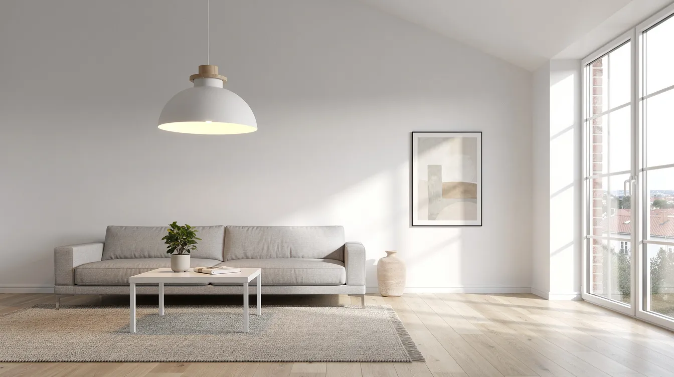 En modern pendellampa hänger elegant från taket i ett ljust skandinaviskt vardagsrum med högt i tak och stora fönster som släpper in mycket naturligt ljus. Lampan bidrar till en imponerande atmosfär och fungerar som en viktig belysningskälla i rummet.
