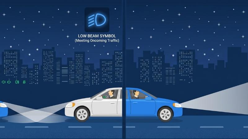 High-beam (right) car covering greater distance while low-beam (left) illuminating short path.