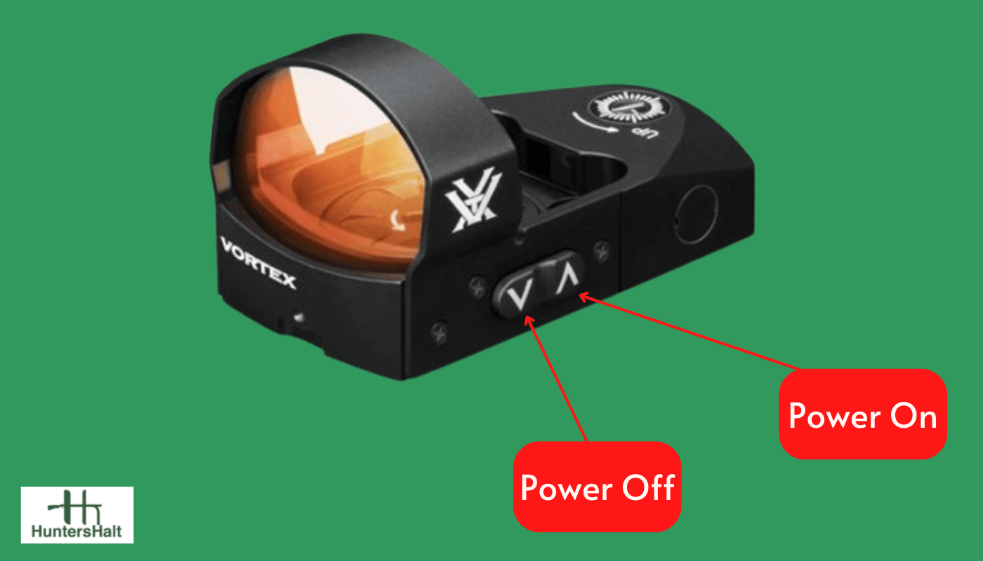 picture of button to press to power off Vortex venom red dot
