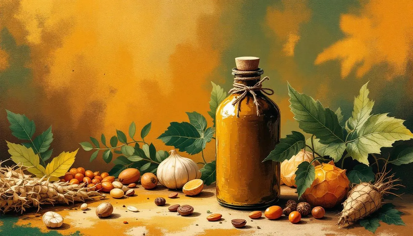 A bottle of batana oil with a blurred background of natural ingredients.