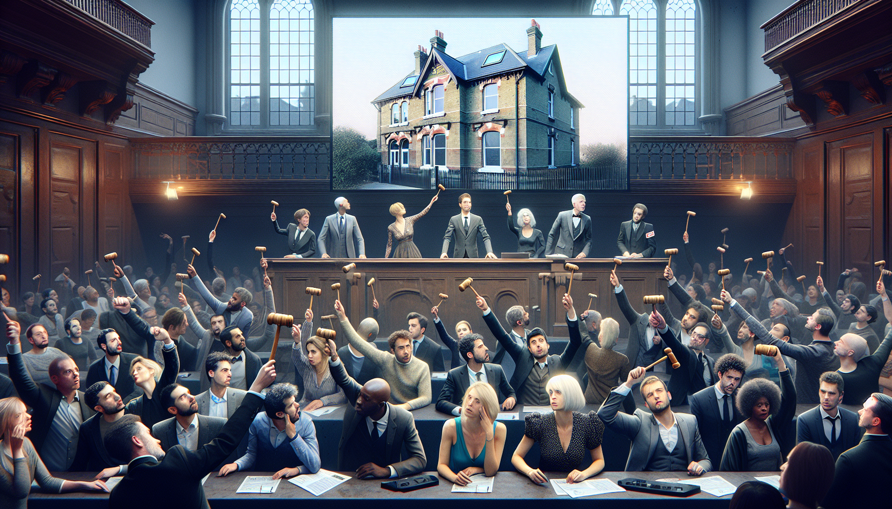 Property auction with bidders and auctioneer