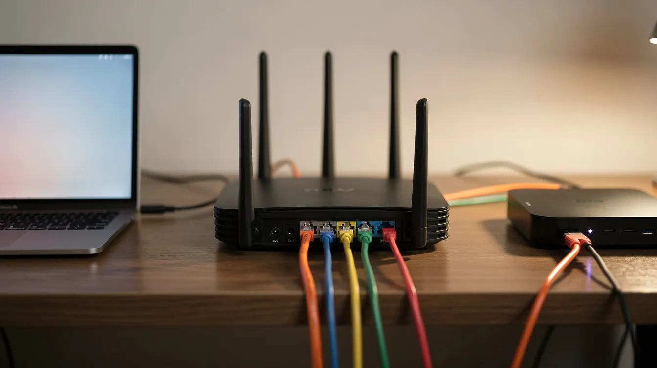 The image depicts a home network router with multiple ethernet cables connected, sitting on a desk next to a laptop and a streaming device, highlighting the setup for reliable internet connection and IPTV services, such as IPTV Canada subscriptions. This arrangement is ideal for Canadian households looking to access live TV channels and entertainment content seamlessly.