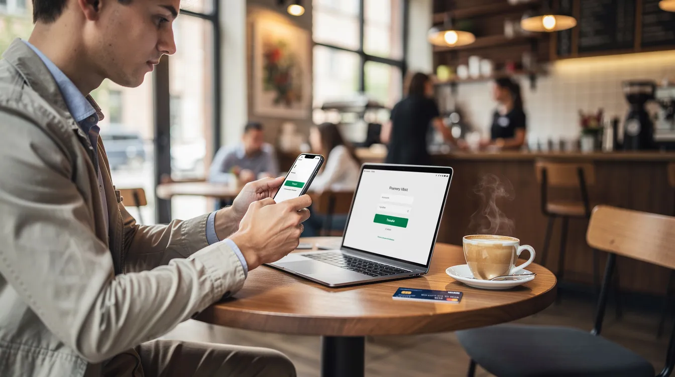 A young professional is sitting at a cafe, focused on using a mobile app on their smartphone to facilitate an international money transfer, highlighting the convenience of sending money online. The scene captures the essence of modern banking and online transfers, emphasizing the ease of sending money abroad.