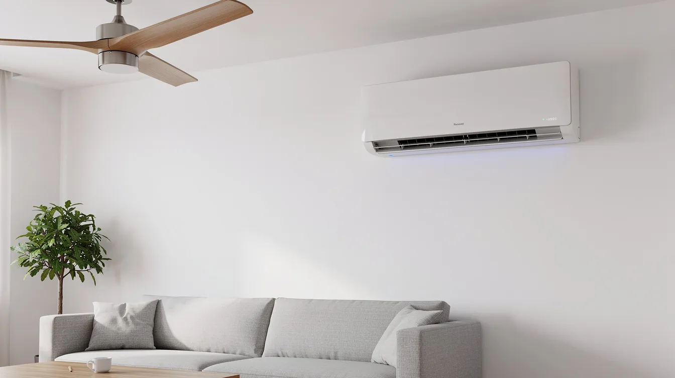 The image shows a ductless mini-split indoor unit mounted on a white living room wall, providing an energy-efficient air conditioning solution. Nearby, a ceiling fan is visible, enhancing the indoor air quality and comfort of the space.
