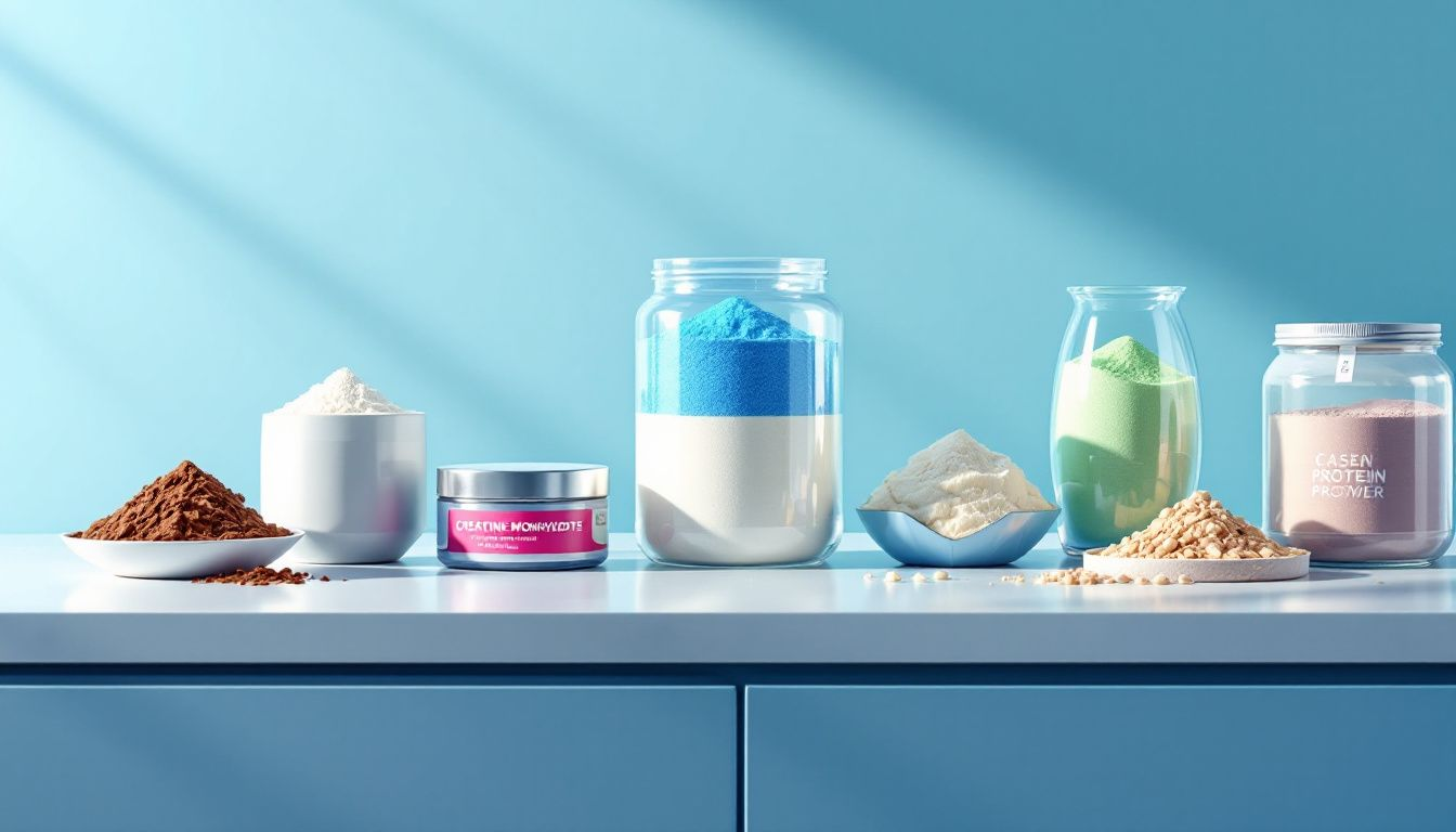 A variety of protein powders displayed on a kitchen counter, showcasing different types.