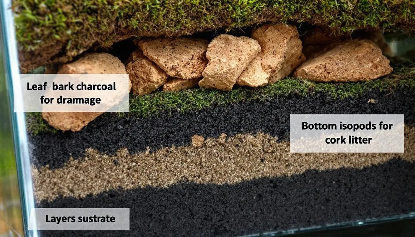 The image depicts a step-by-step terrarium setup featuring layered substrate, including charcoal for drainage, organic matter, and cork bark pieces arranged to create an optimal habitat for isopods and springtails. The setup highlights decaying organic material, such as leaf litter and sphagnum moss, providing a bioactive environment ideal for dwarf white isopods and tropical white springtails to thrive.