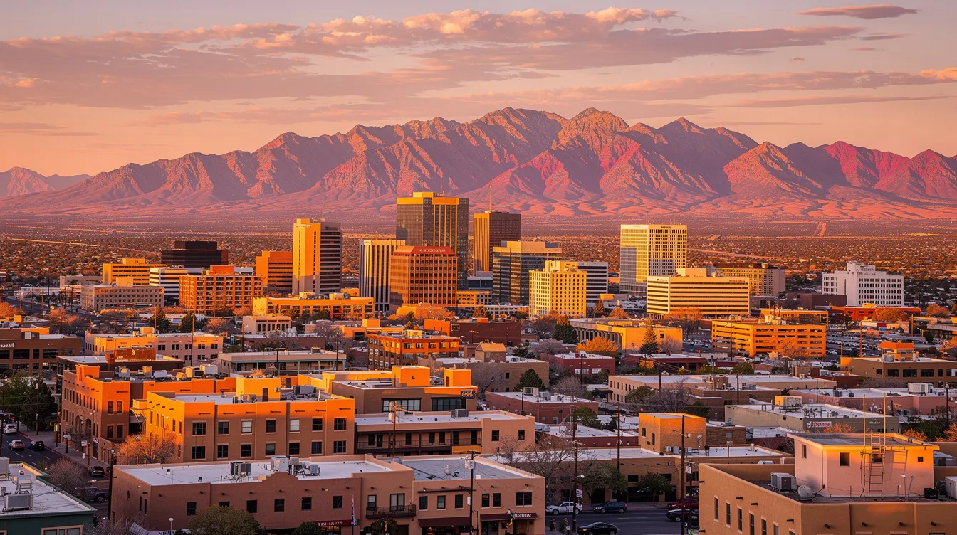 The image captures a wide view of the Albuquerque cityscape, showcasing the vibrant urban landscape with the majestic Sandia Mountains rising in the background. This picturesque scene highlights the beauty of New Mexico, where issues like birth injuries and medical malpractice claims are important considerations for families in the area.
