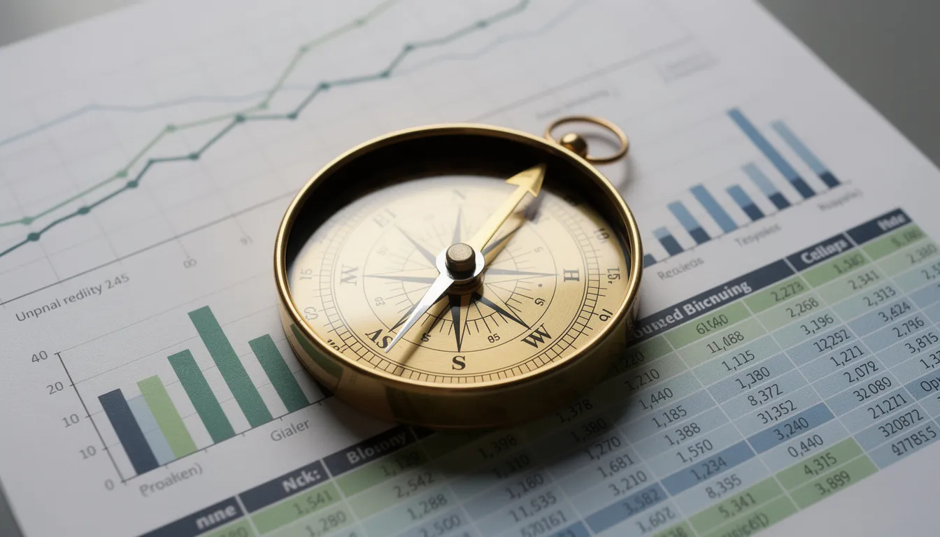 Une boussole est posée sur des graphiques financiers, symbolisant la planification stratégique. Cette image évoque l'importance de la fiscalité et des décisions financières, notamment en ce qui concerne l'exit tax et le transfert de domicile fiscal.