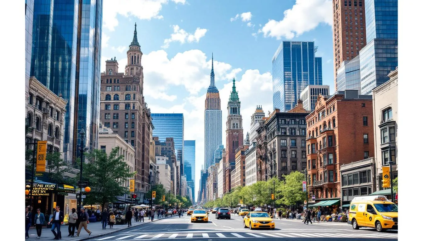 A bustling New York City street showcasing various architectural styles, representing the diverse architectural job market in New York.