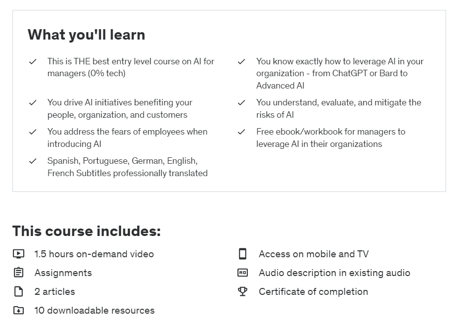 Components of the Udemy course AI 101