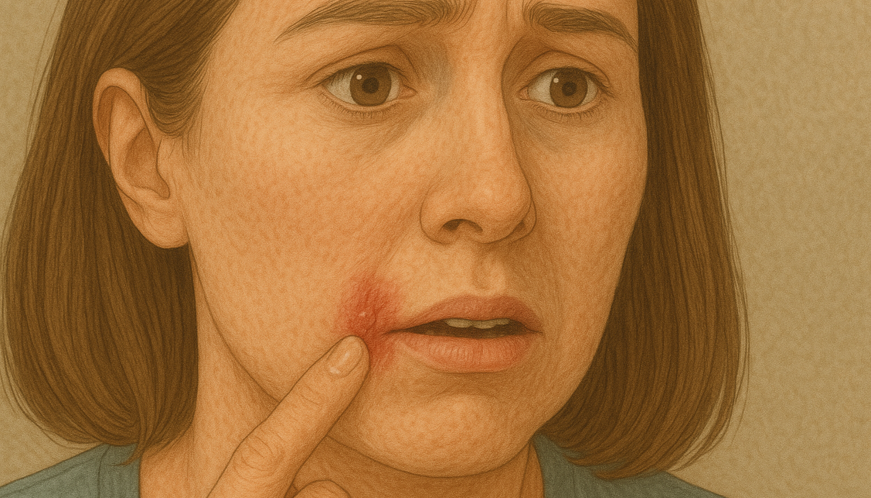 Angulær cheilitt: Sår i munnviken du ikke bør ignorere 15 Kvinne med sår og rødhet i munnviken, viser typiske symptomer på angulær cheilitt.