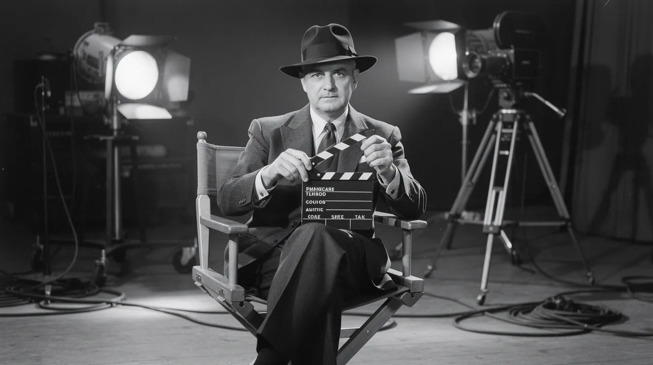 Ein Regisseur im klassischen Stil der 1940er-Jahre sitzt in einem Regiesessel und hält eine Filmklappe in der Hand, umgeben von der Schwarzweiss-Ästhetik, die an die Filmgeschichte erinnert. Diese Szene vermittelt das Gefühl von Spannung und Kreativität, das für legendäre Regisseure wie Alfred Hitchcock und Orson Welles typisch ist.