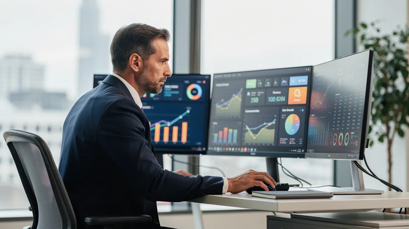 A business professional is intently reviewing analytics dashboards displayed on multiple computer screens, analyzing real-time data to enhance productivity and streamline workflows. The setup showcases the use of automation tools, likely for creating data-driven slides and reducing manual effort in presentations.
