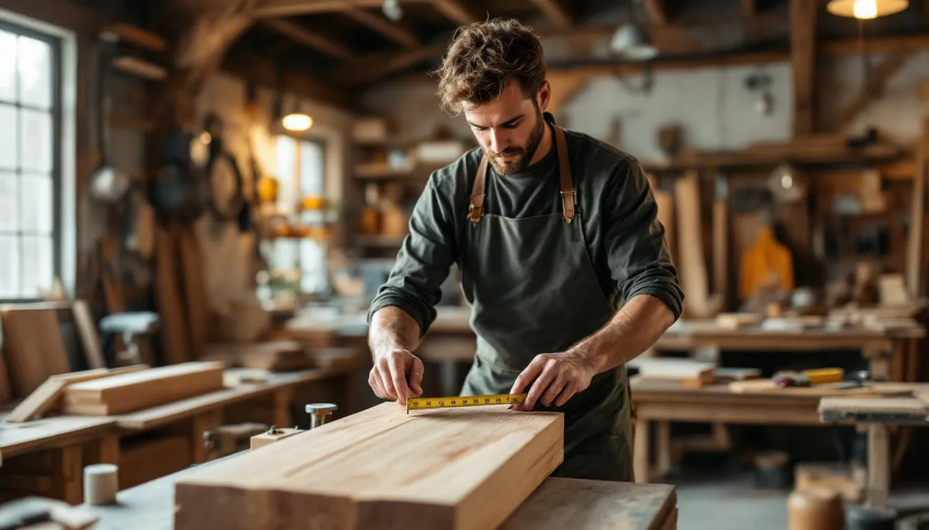 A craftsman carefully measures and plans timber for a custom coffee table, showcasing the craftsmanship that goes into creating high-quality wooden coffee tables. The workspace is filled with various tools and timber pieces, reflecting the beauty and variety of timber coffee table designs.