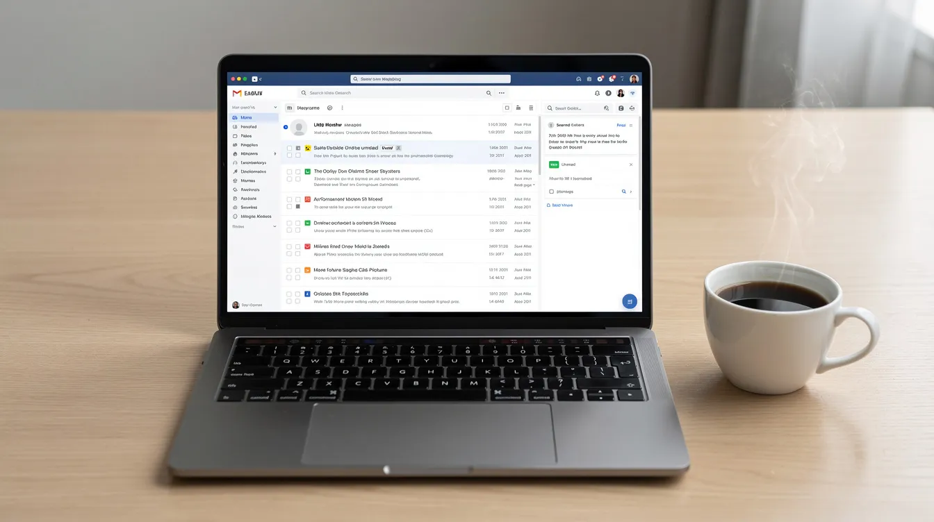 The image shows a laptop screen displaying an email inbox filled with several unread messages, indicating a busy work environment. Nearby, a coffee cup sits, suggesting a moment of pause for podcast content creators as they manage their communication and content strategy. The image shows a laptop screen displaying an email inbox filled with several unread messages, indicating a busy work environment. Nearby, a coffee cup sits, suggesting a moment of pause for podcast content creators as they manage their communication and content strategy.