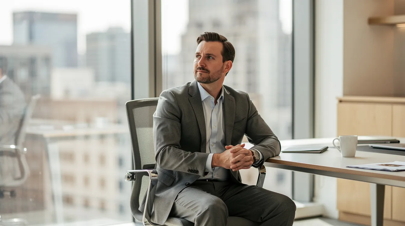A professional leader sits calmly in a modern office space, gazing thoughtfully out of a window, embodying the essence of self-awareness and strategic thinking essential for transformative leadership. This moment of reflection highlights the importance of having a protected thinking space for leaders to cultivate emotional intelligence and clarity in decision-making.