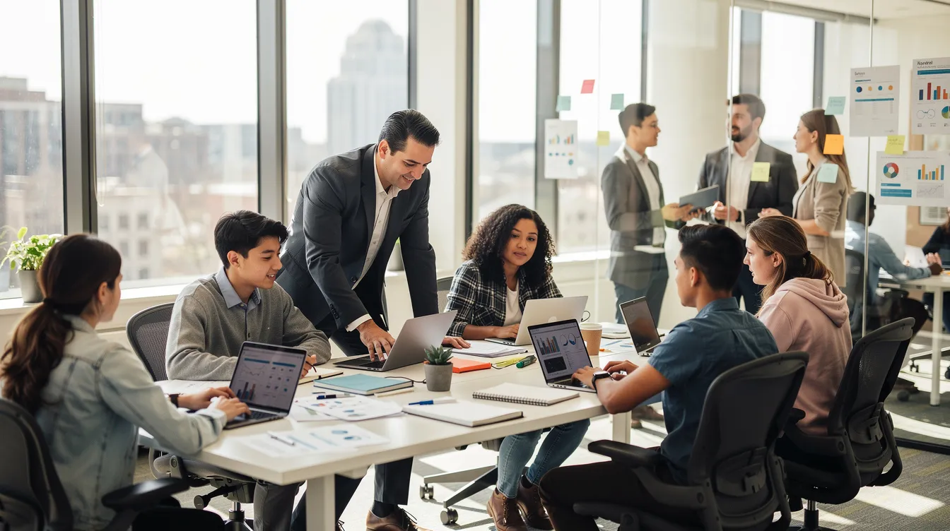 Students collaborating with professionals in a modern office environment, engaging in work-based learning experiences that enhance their employability skills and support their career goals.