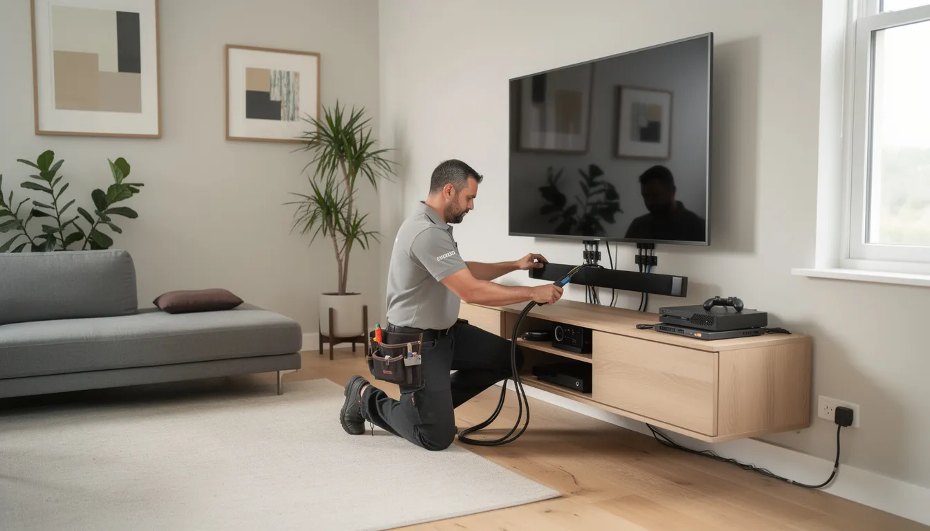 A professional installer is setting up a modern entertainment system in a stylish living room, ensuring proper alignment of the satellite dish and connecting the DSTV decoders for optimal signal strength. This image highlights the expert setup provided by accredited DSTV installers, showcasing their commitment to high-quality workmanship and reliable services in Clanwilliam.