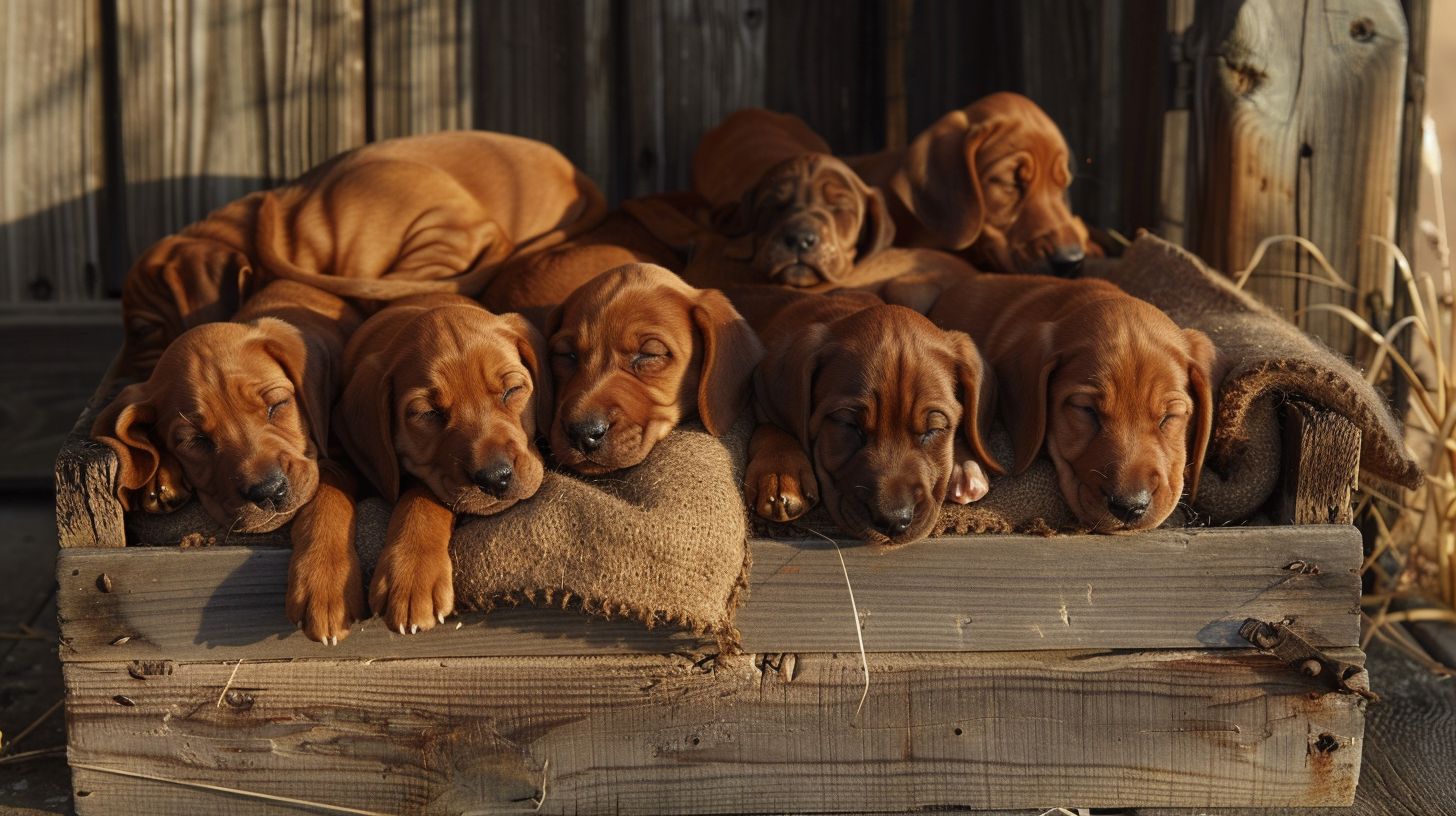 A litter of Redbone Coonhound puppies
