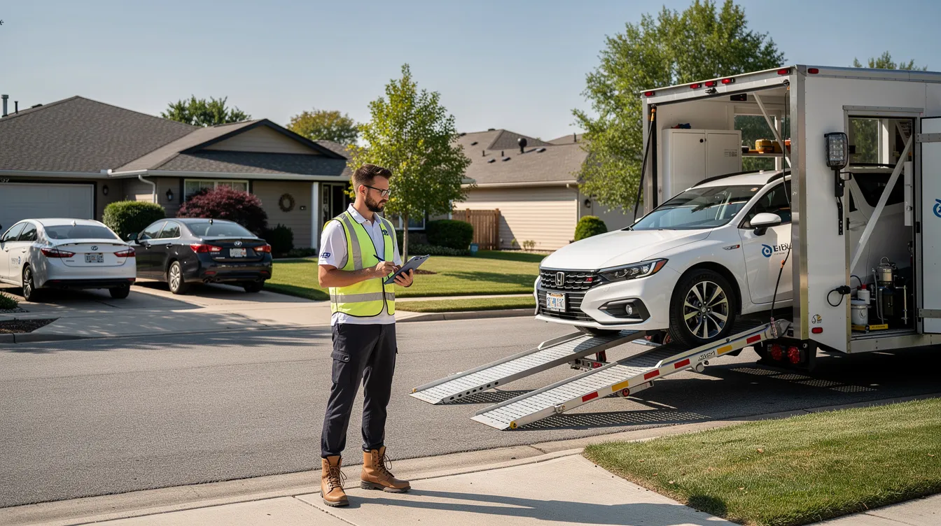 A professional driver is seen coordinating the delivery of a vehicle in a residential neighborhood, showcasing the efficient process of expedited auto transport. The scene emphasizes the importance of reliable vehicle transport services and the careful planning involved in pickup and delivery locations.