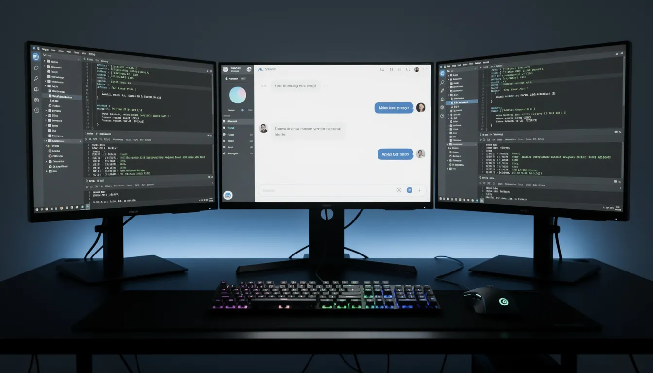 The image shows a desktop computer setup with multiple monitors displaying terminal windows and an AI chat interface, illustrating the use of computational resources for artificial intelligence applications. This environment reflects the intersection of digital technology and human decision-making in the context of AI regulations and policies.