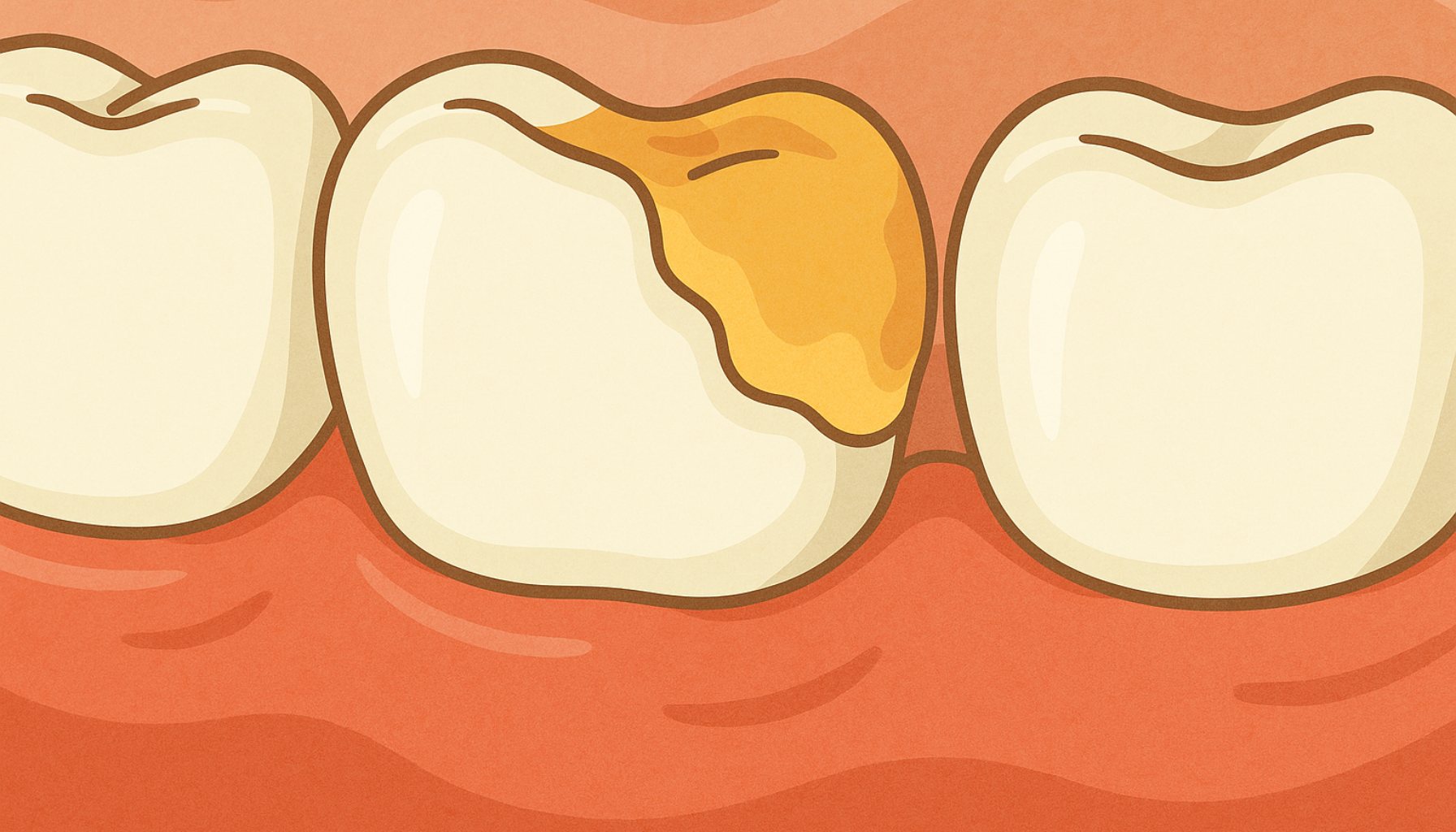 Illustrasjon av tenner med syreskade der emaljen er slitt bort, viser tydelig erosjon på én tann sammenlignet med friske tenner.